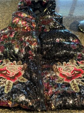 MISS SIXTY down / embroidered and black sequin floral puffer vest with hood